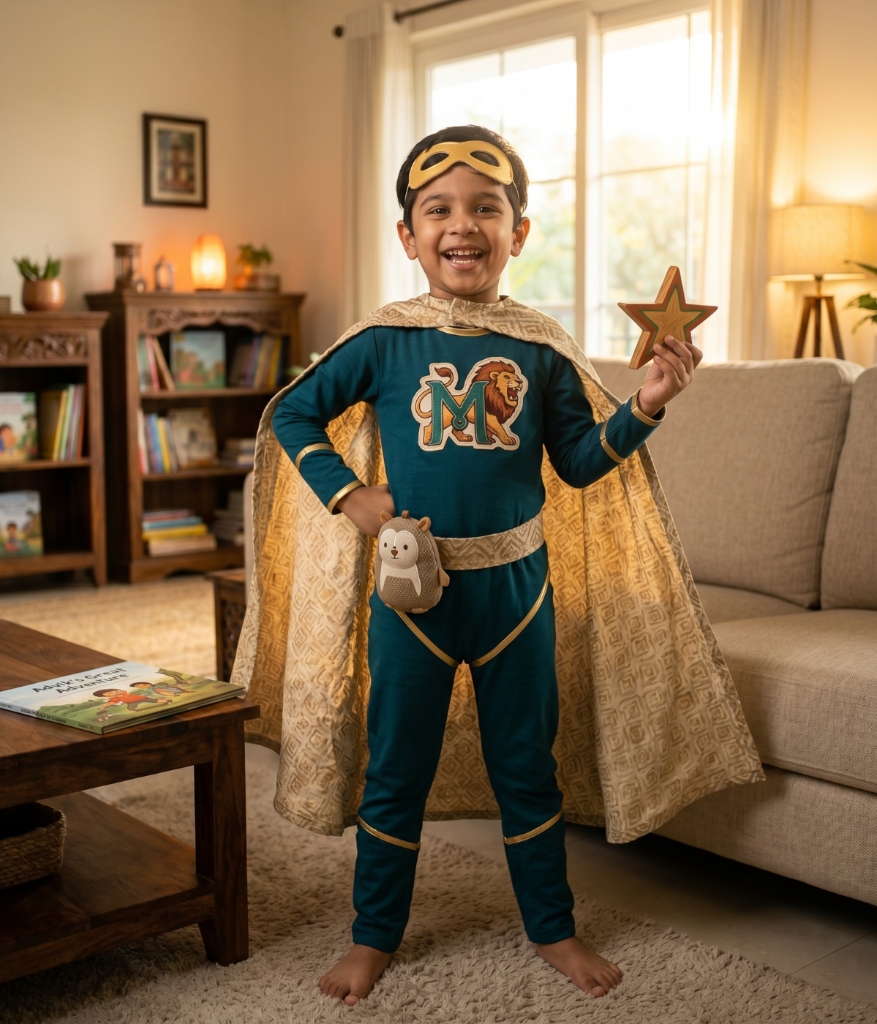 A young boy smiling and dressed as a superhero in a blue costume with a Melo emblem and cape