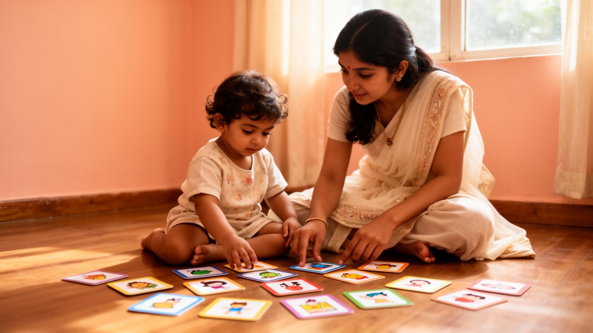 A parent and toddler exploring Tinymingle flashcards together on the floor